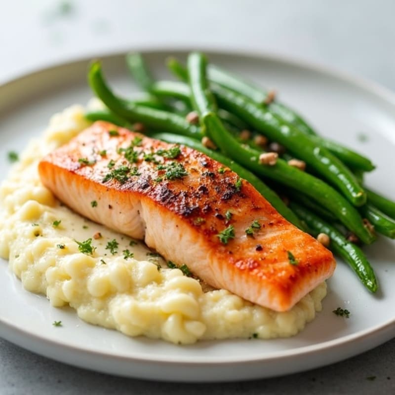 Seared Salmon with Garlic Green Beans and Cauliflower Mash