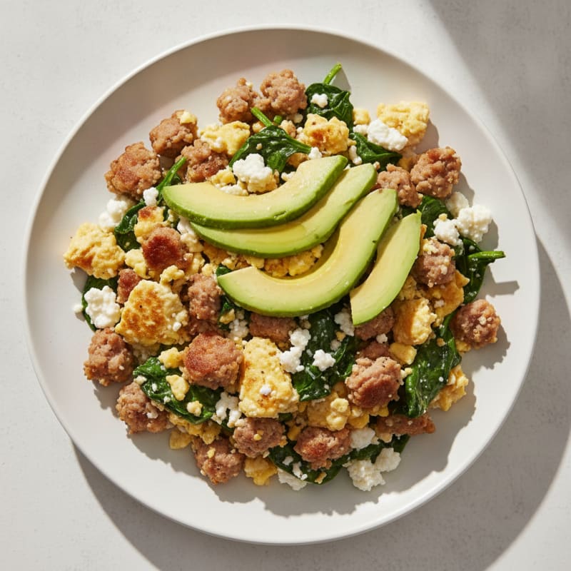 Cottage Cheese Scramble with Turkey Sausage and Spinach