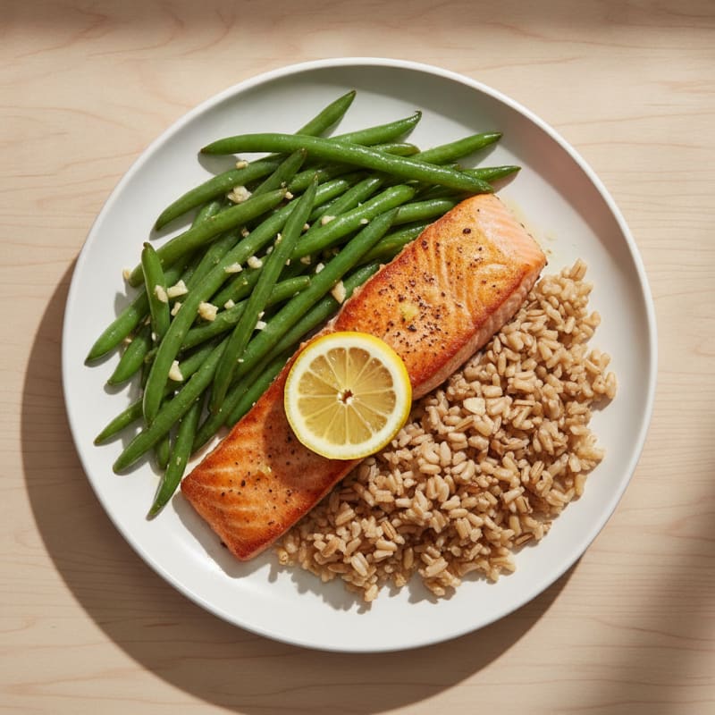 Seared Salmon with Garlic Green Beans and Brown Rice