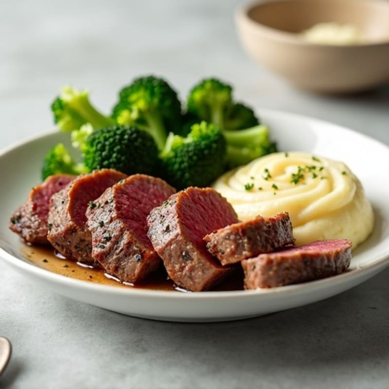 Seared Lean Beef with Steamed Broccoli and Cauliflower Mash
