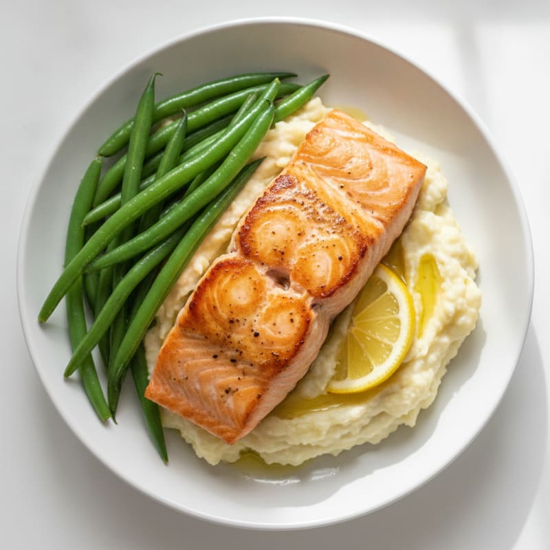 Seared Salmon with Steamed Green Beans and Mashed Cauliflower