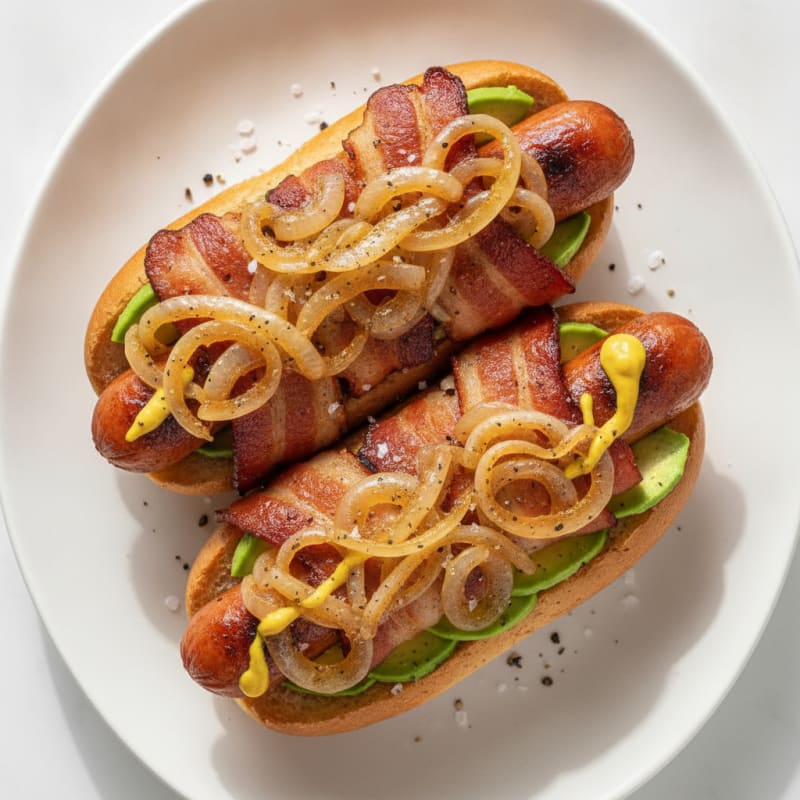 Bacon-Wrapped Hot Dogs with Caramelized Onions