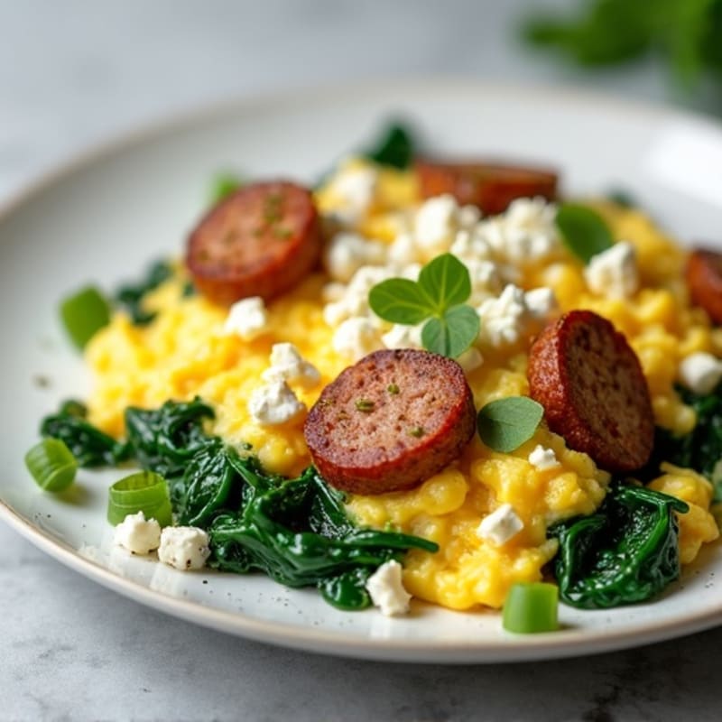 Egg White Scramble with Turkey Sausage and Sautéed Spinach