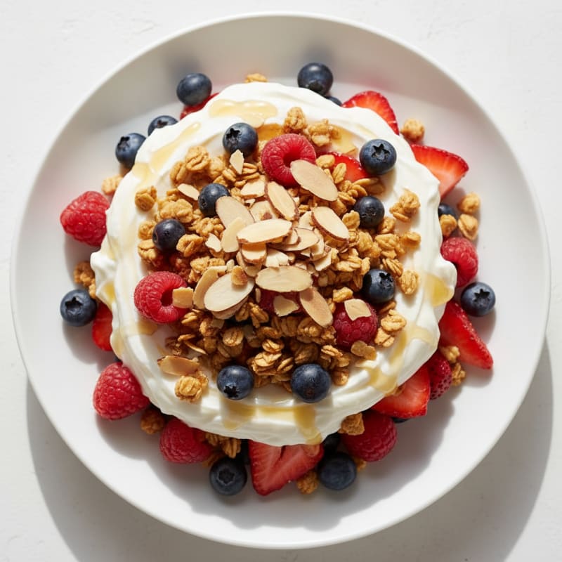 Greek Yogurt Parfait with Mixed Berries and Crunchy Almond Granola
