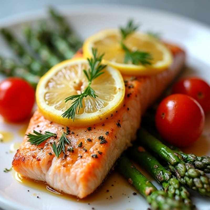 Crispy Lemon-Herb Roasted Salmon with Roasted Asparagus and Cherry Tomatoes