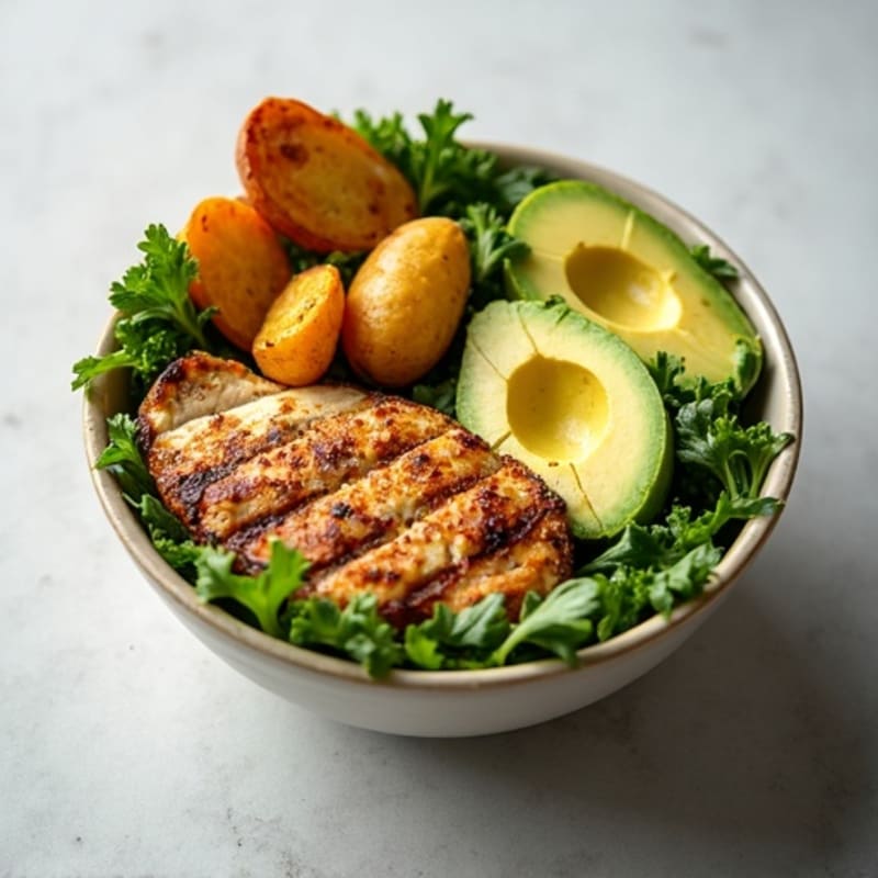 Grilled Chicken and Roasted Potato Bowl with Fresh Greens