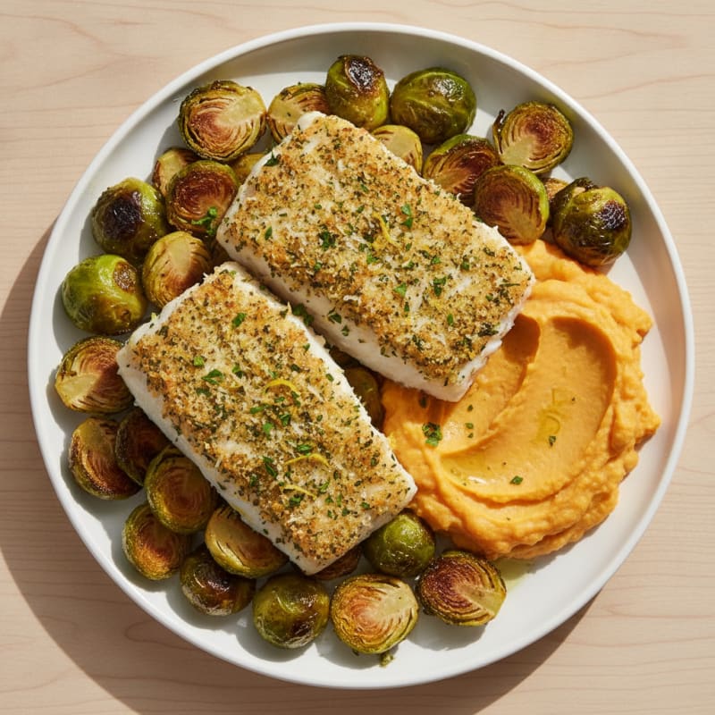 Herb-Crusted Cod with Roasted Brussels Sprouts and Sweet Potato Mash