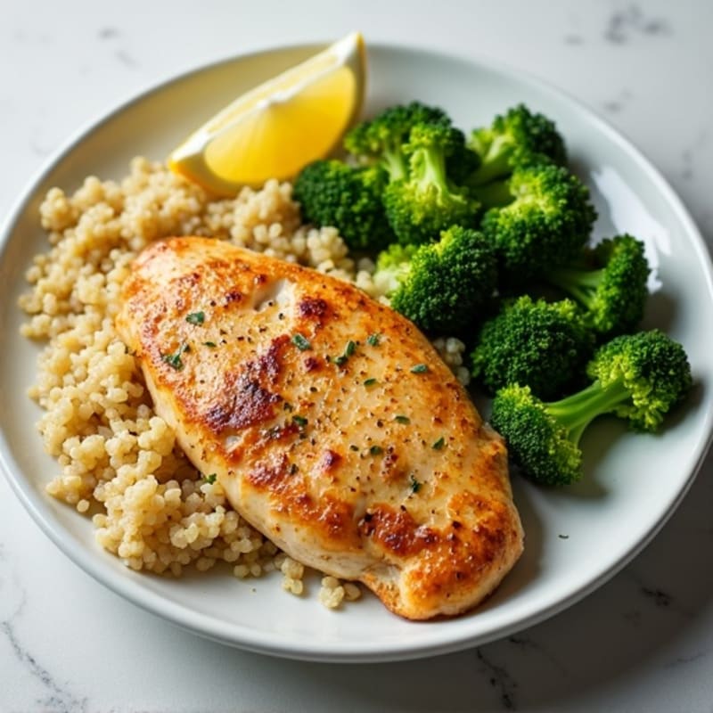 Lemon Garlic Pan Seared Chicken with Steamed Broccoli and Quinoa