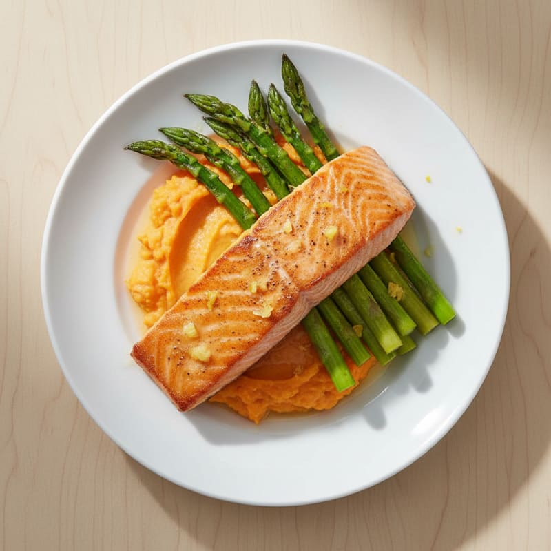 Seared Salmon Fillet with Roasted Asparagus and Sweet Potato Mash