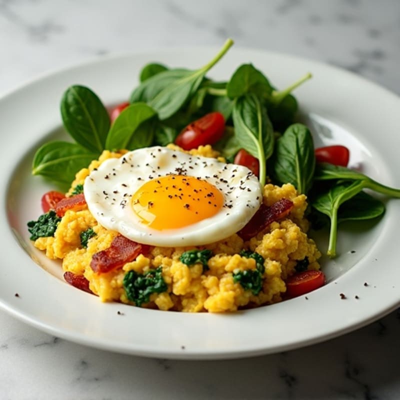 Cottage Cheese Egg Scramble with Baby Spinach and Turkey Bacon
