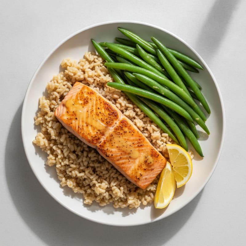 Seared Salmon with Steamed Green Beans and Brown Rice