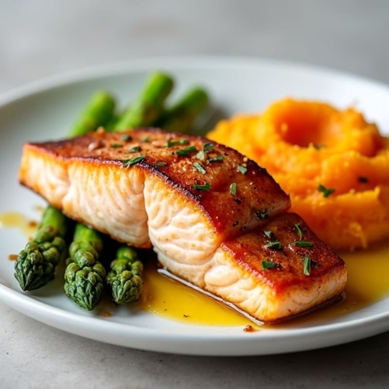 Seared Salmon Fillet with Steamed Asparagus and Sweet Potato Mash