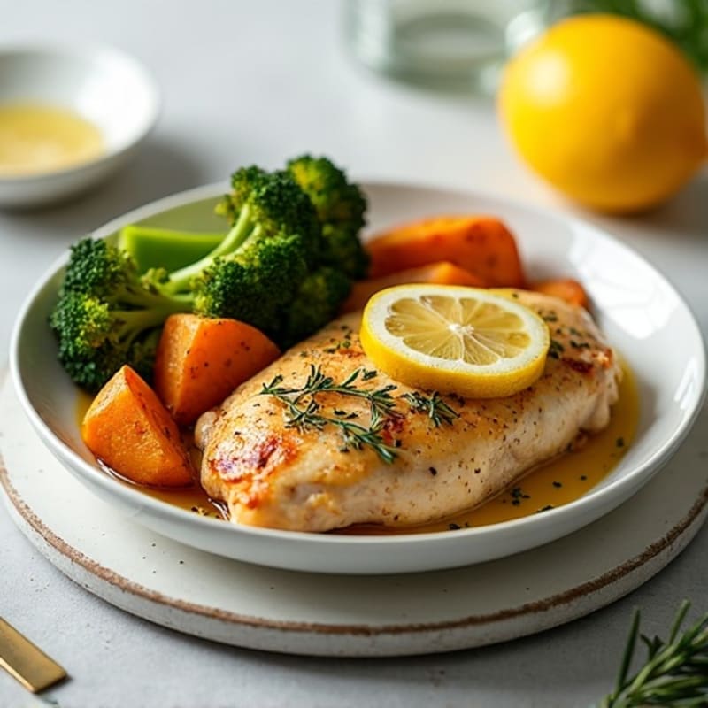 Lemon Herb Roasted Chicken with Crispy Roasted Broccoli and Sweet Potatoes