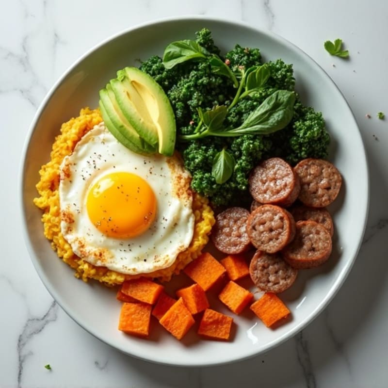 Egg White and Turkey Sausage Scramble with Roasted Sweet Potatoes