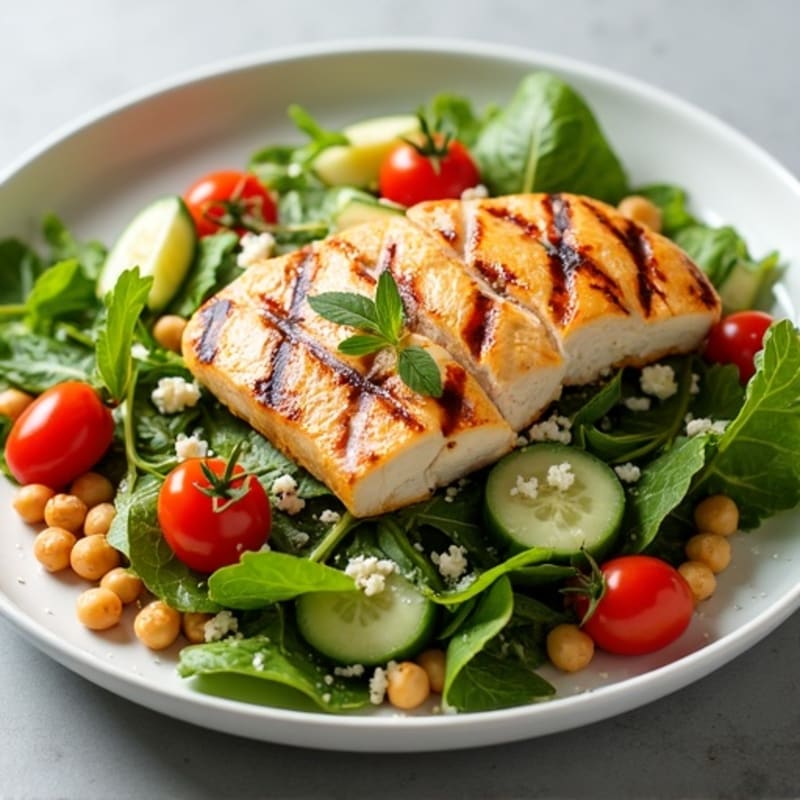 Grilled Chicken Salad with Crunchy Greens and Chickpeas
