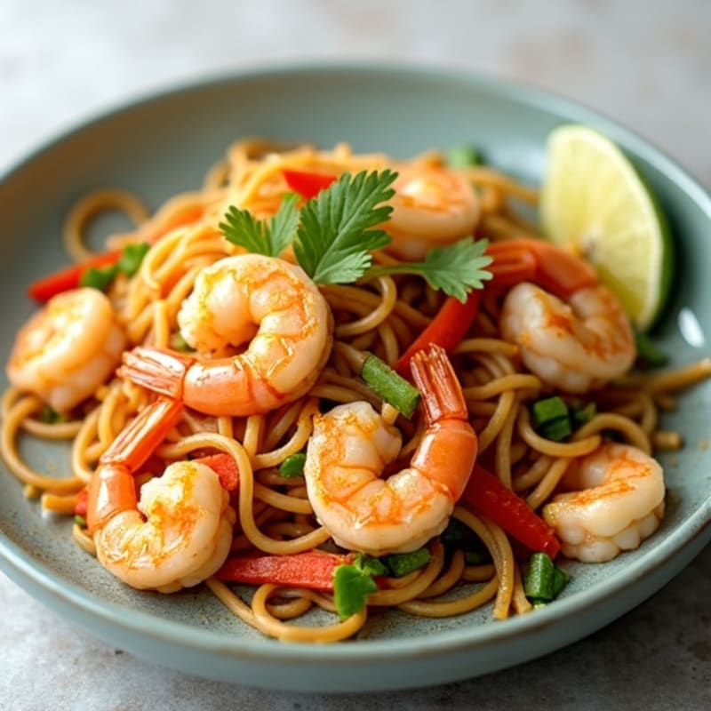 Shrimp with Tangy Peanut Noodles and Fresh Vegetables