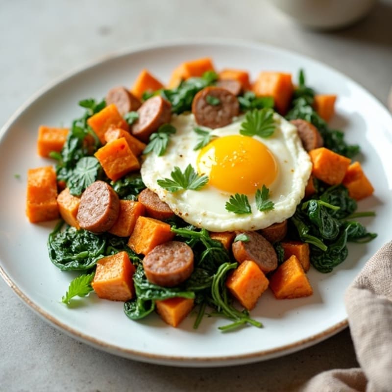 Egg White Scramble with Spinach, Turkey Sausage and Roasted Sweet Potato