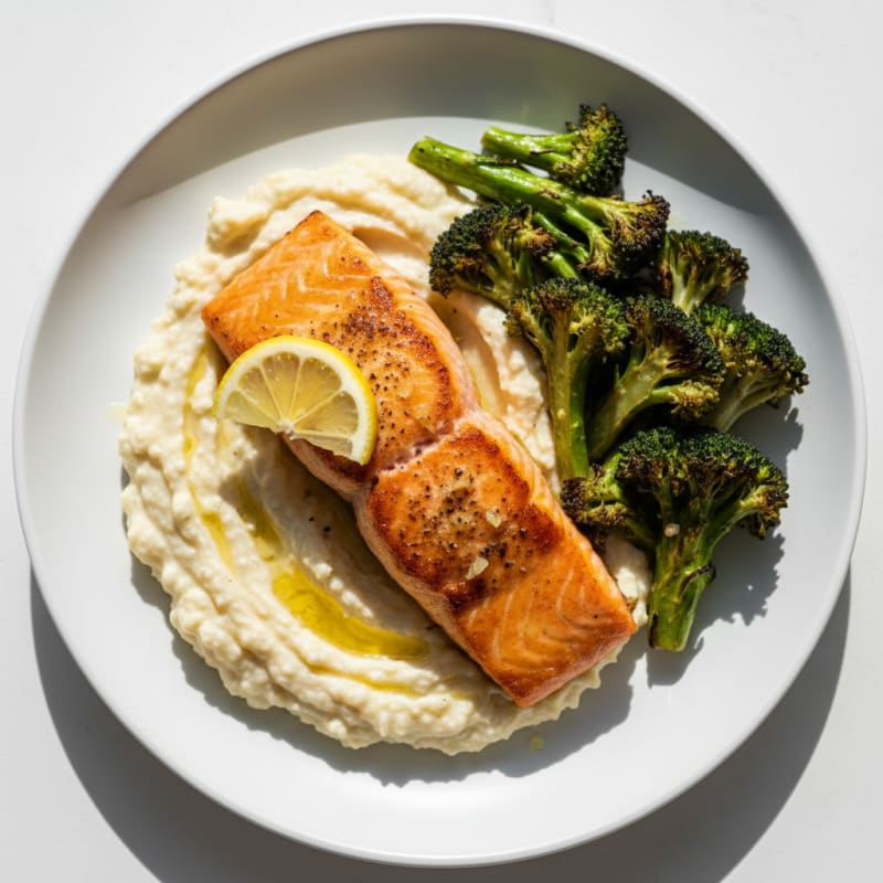 Seared Salmon with Roasted Broccoli and Cauliflower Mash