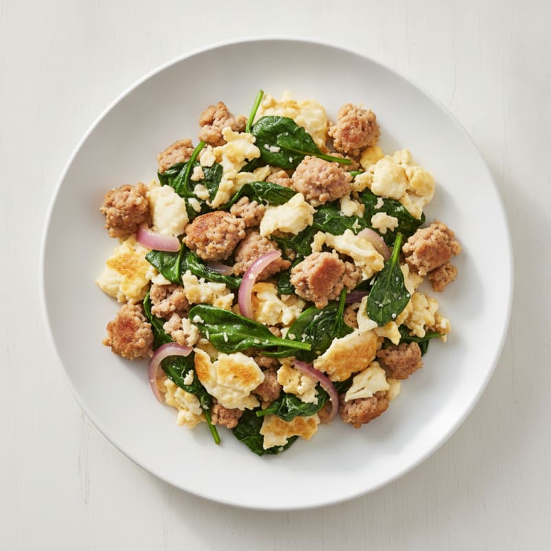 Egg White and Turkey Sausage Scramble with Sautéed Spinach