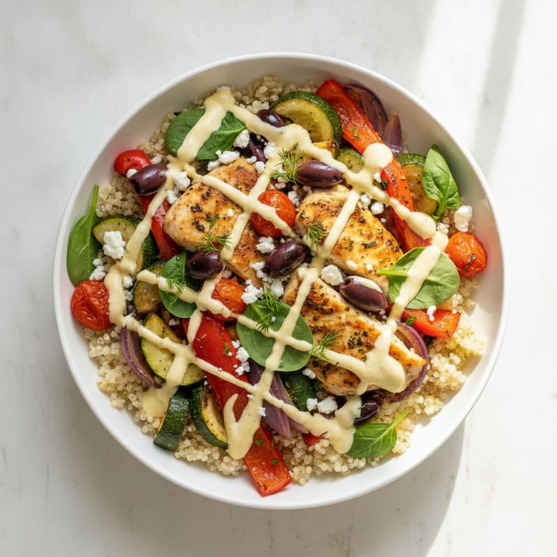 Mediterranean Chicken and Roasted Vegetable Bowl