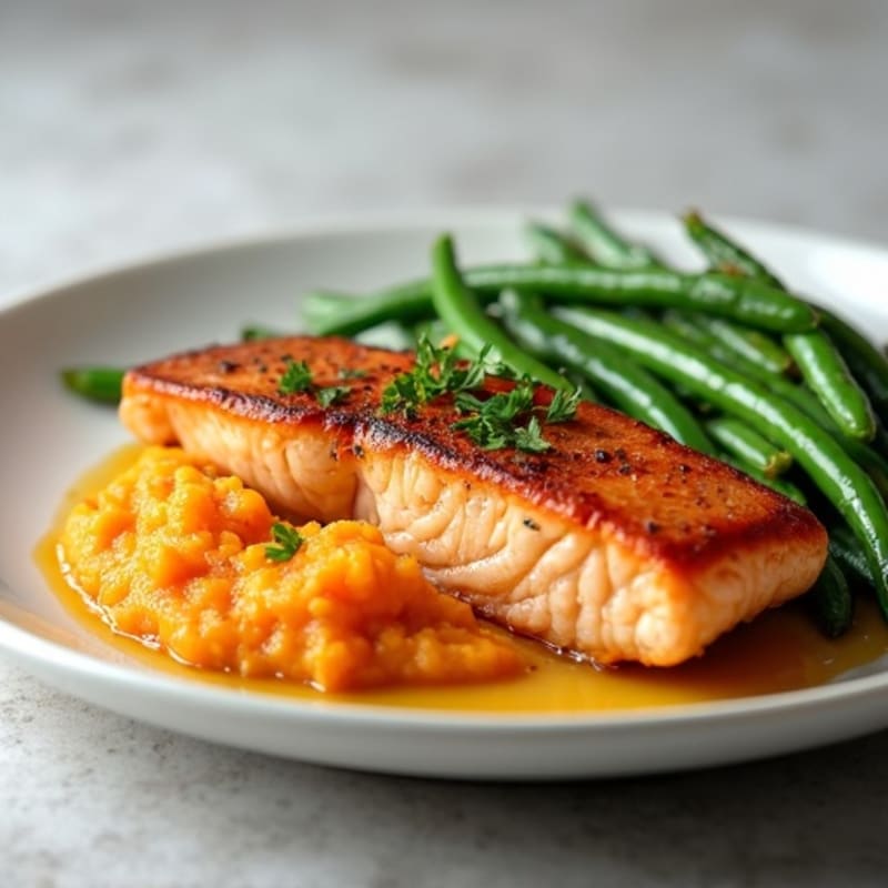 Seared Salmon with Steamed Green Beans and Sweet Potato Mash