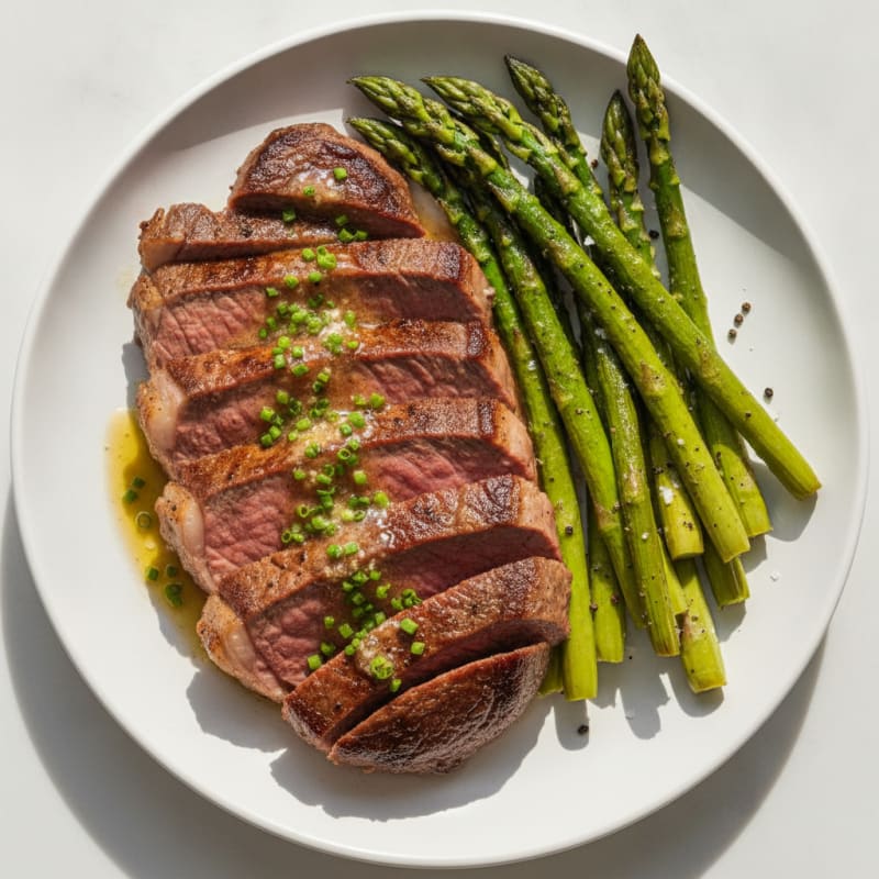 Pan-Seared Sirloin with Garlic-Chive Ghee and Roasted Asparagus
