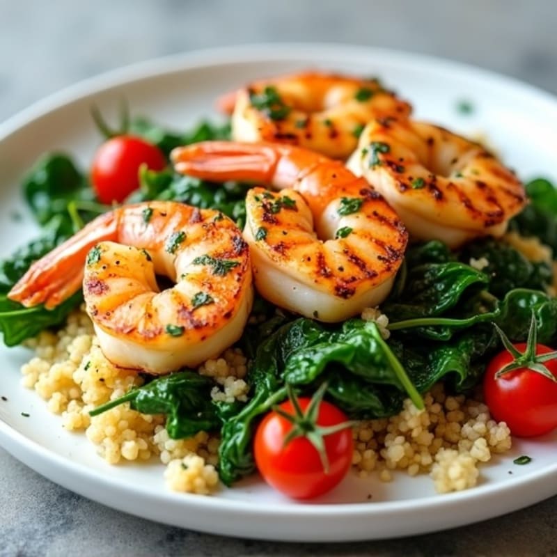 Grilled Shrimp with Garlic Spinach and Quinoa