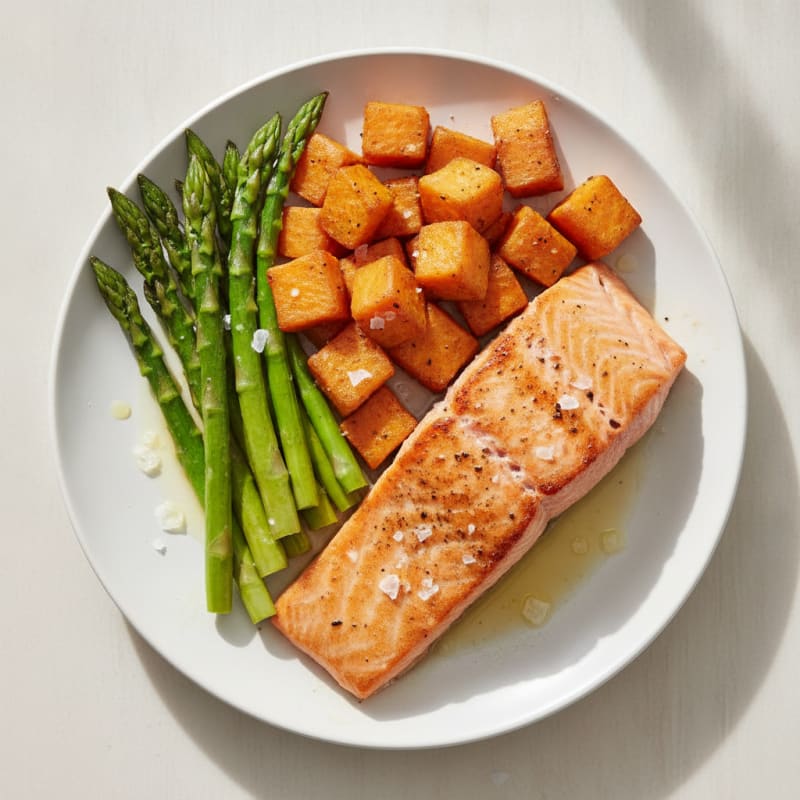 Seared Salmon with Roasted Sweet Potatoes and Asparagus