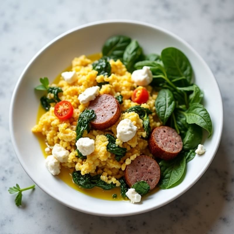 Egg White and Turkey Sausage Scramble with Spinach and Feta