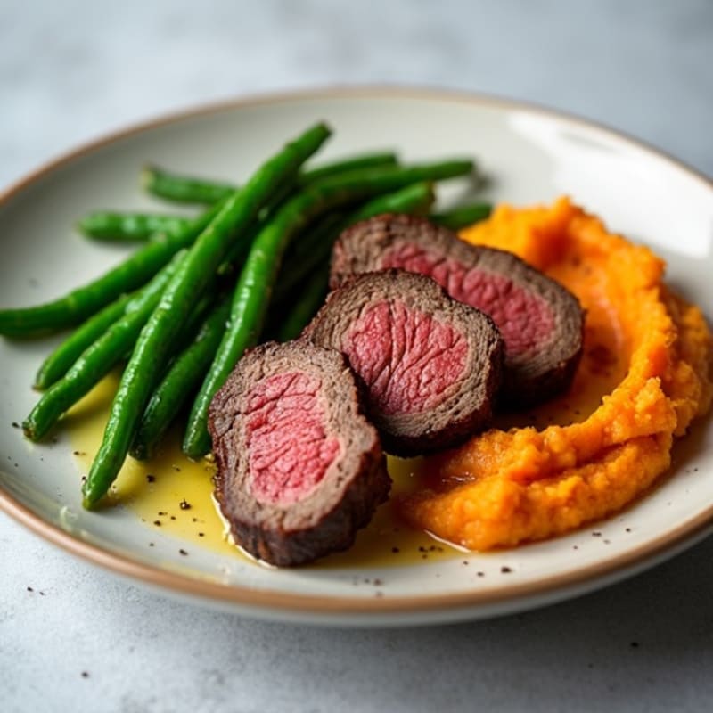 Seared Lean Beef Strips with Steamed Green Beans and Sweet Potato Mash