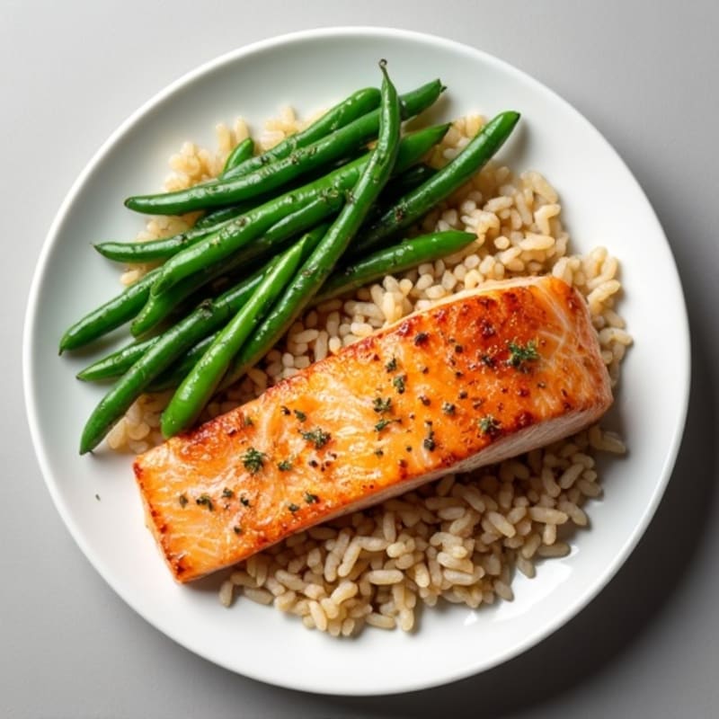 Seared Salmon Fillet with Garlic Green Beans and Brown Rice