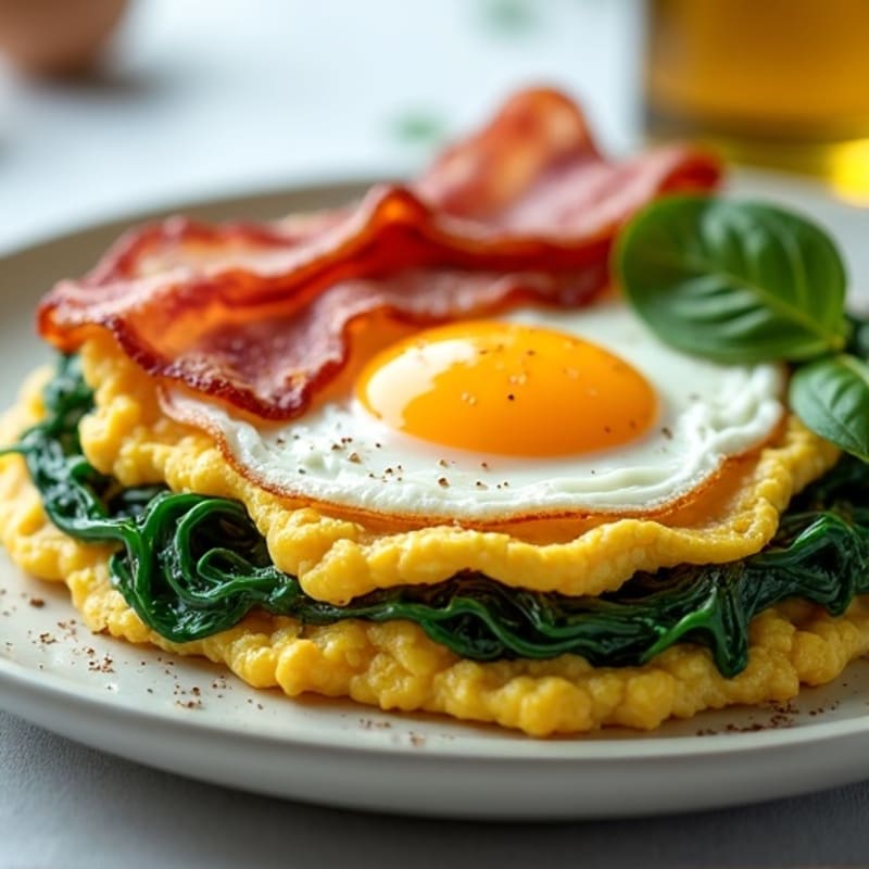 Crispy Turkey Bacon and Egg White Scramble with Sautéed Spinach