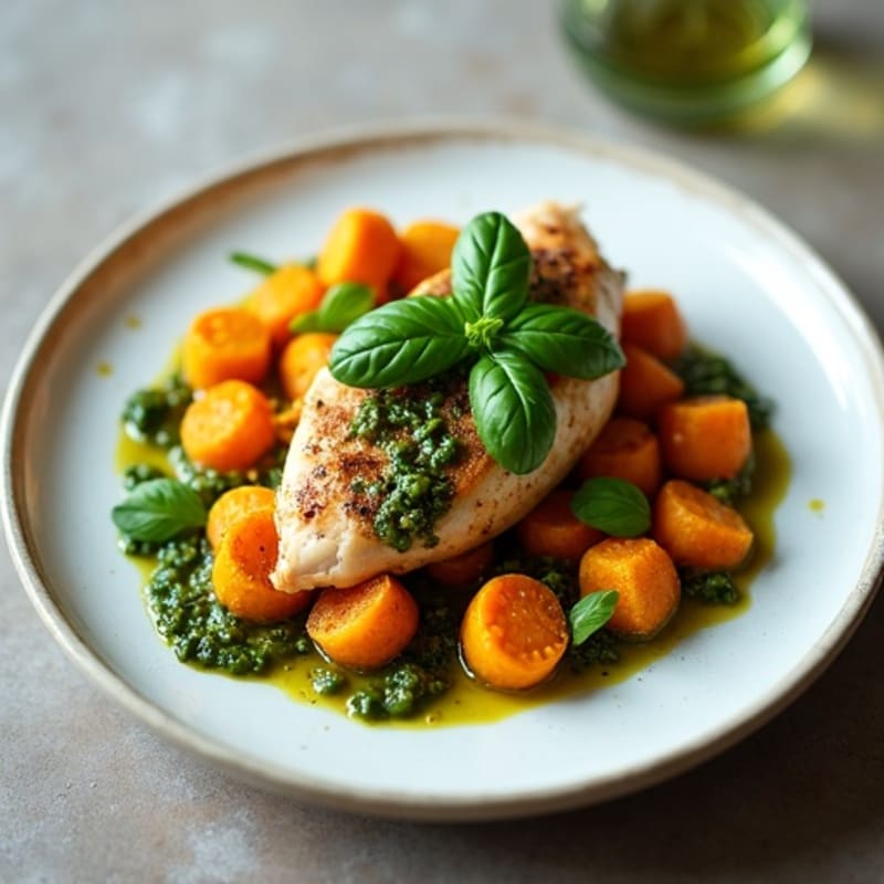 Herb-Roasted Chicken with Crispy Sweet Potato Gnocchi and Bright Basil Pesto