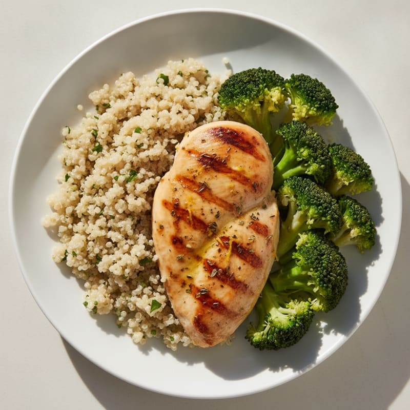 Lemon Herb Grilled Chicken Breast with Quinoa and Steamed Broccoli