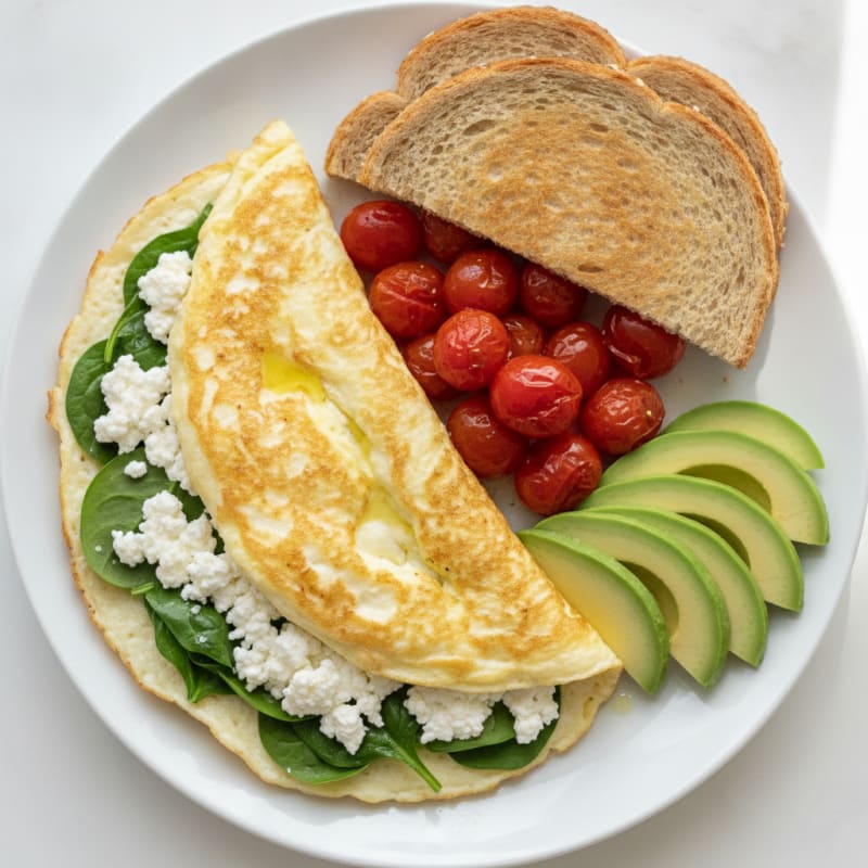 Egg White Spinach Omelet with Cottage Cheese and Cherry Tomatoes