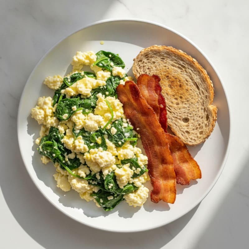 Cottage Cheese Egg Scramble with Sautéed Spinach and Turkey Bacon