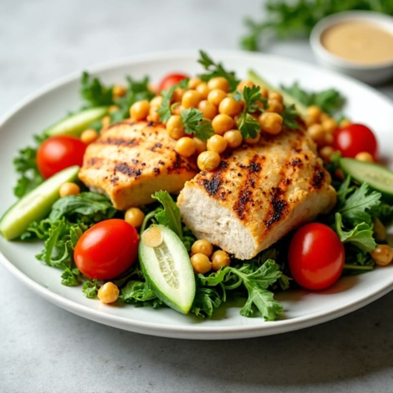 Grilled Chicken Power Salad with Crispy Chickpeas and Creamy Lemon Herb Dressing