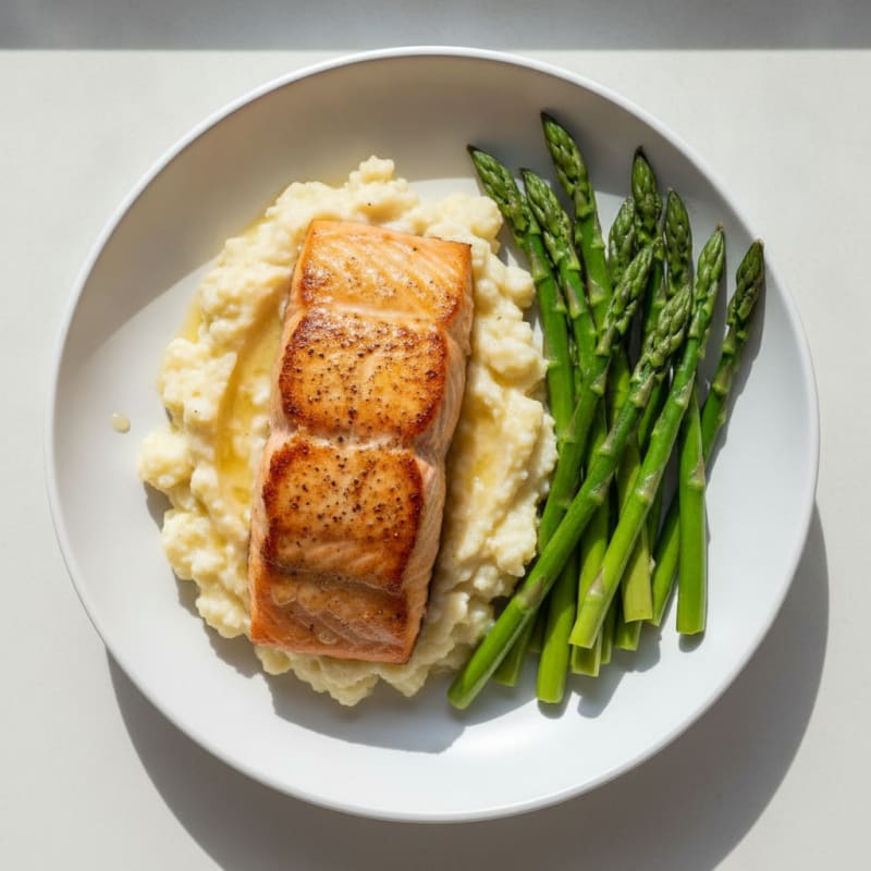Seared Salmon with Steamed Asparagus and Cauliflower Mash