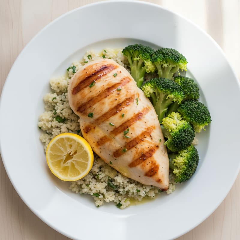 Grilled Chicken Breast with Quinoa and Steamed Broccoli