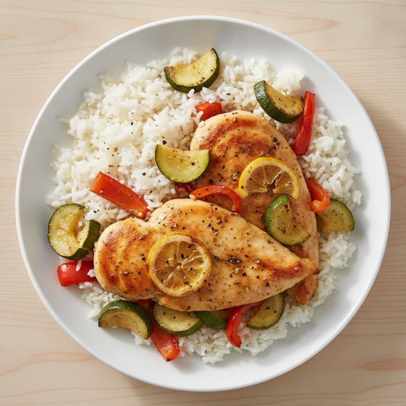Lemon-Herb Chicken with Roasted Vegetables and Rice