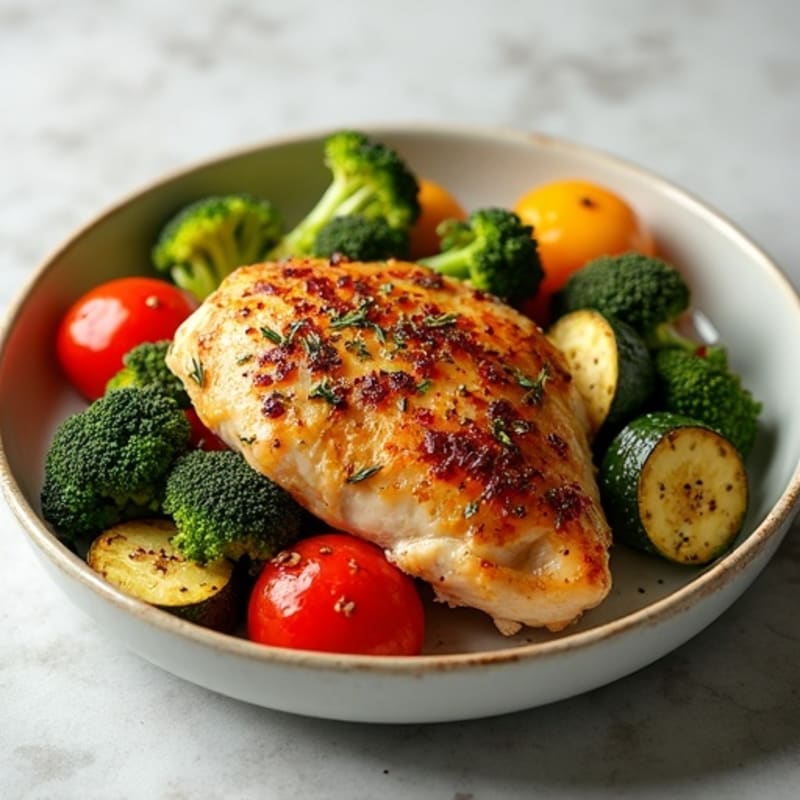 Herb-Garlic Pan Seared Chicken Thighs with Roasted Vegetables