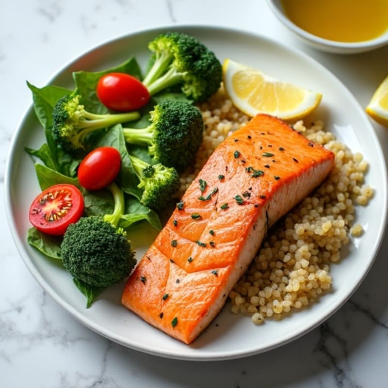 Seared Salmon with Steamed Broccoli, Quinoa, and Side Salad