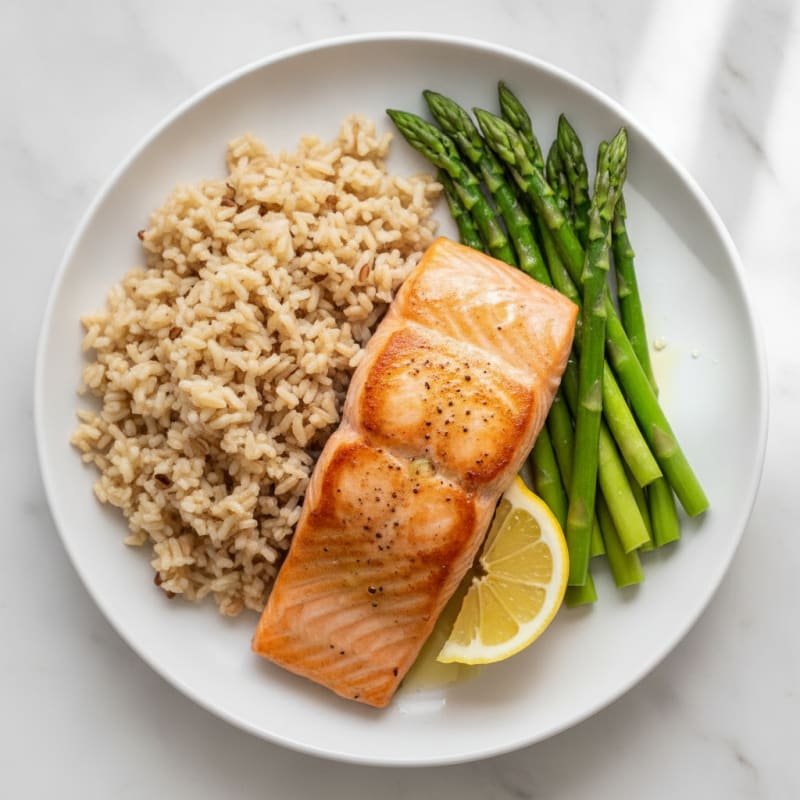 Seared Salmon Fillet with Steamed Asparagus and Brown Rice