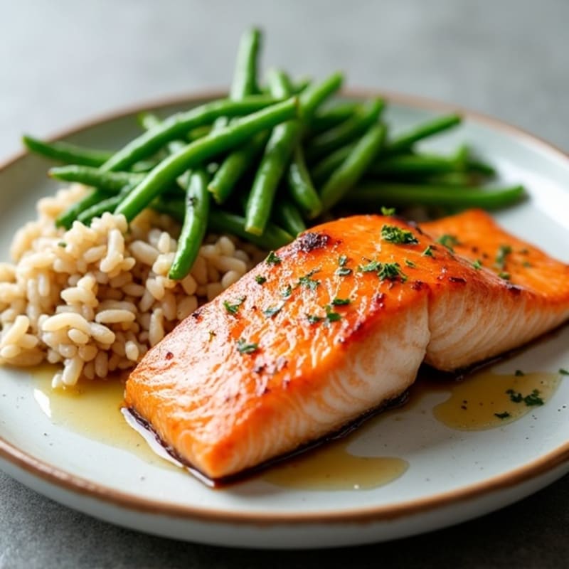 Seared Salmon with Garlic Green Beans and Brown Rice