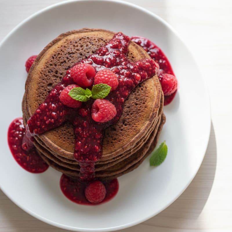 Chocolate Buttermilk Pancakes with Raspberry Drizzle