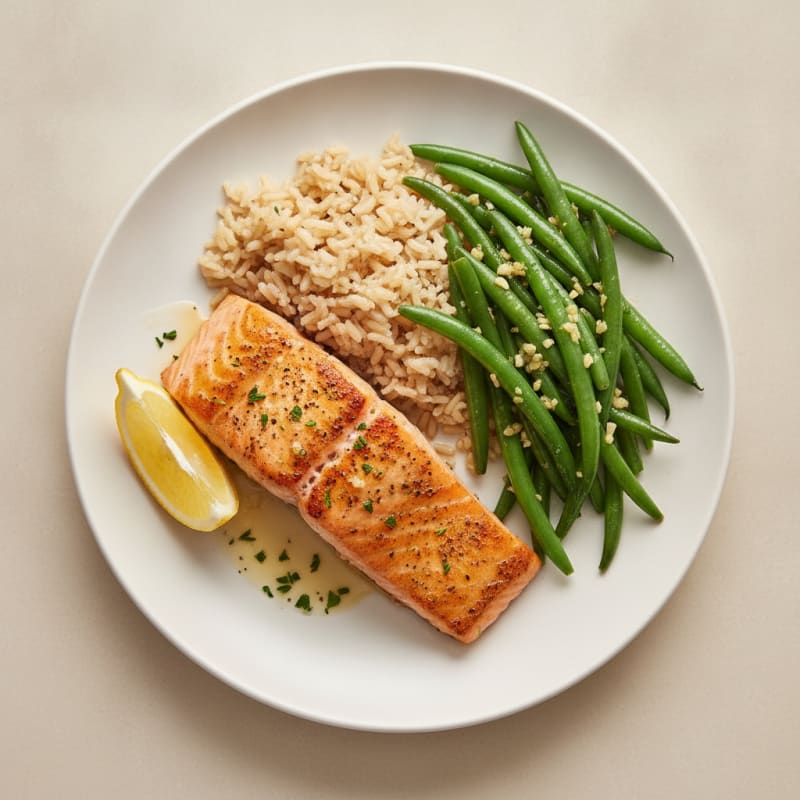 Seared Salmon Fillet with Garlic Green Beans and Brown Rice