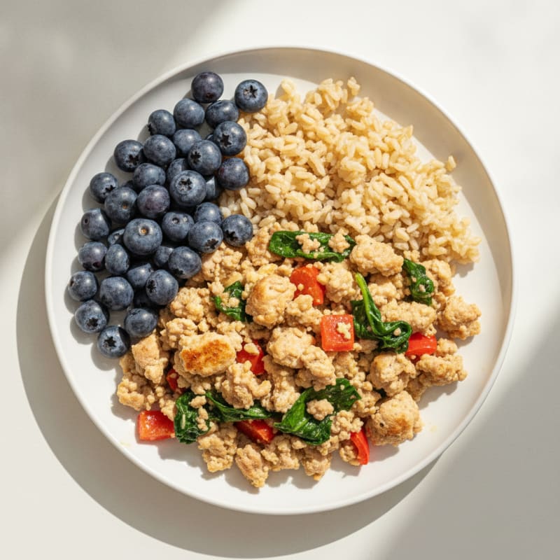 Egg White and Ground Turkey Veggie Scramble with Fresh Berries