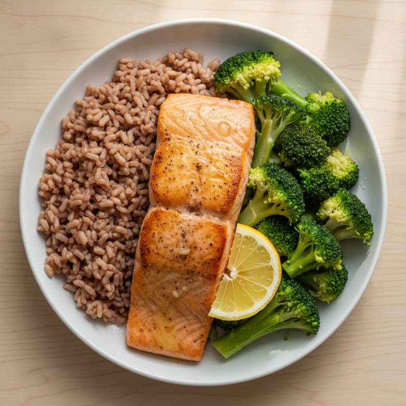 Seared Salmon with Steamed Broccoli and Brown Rice