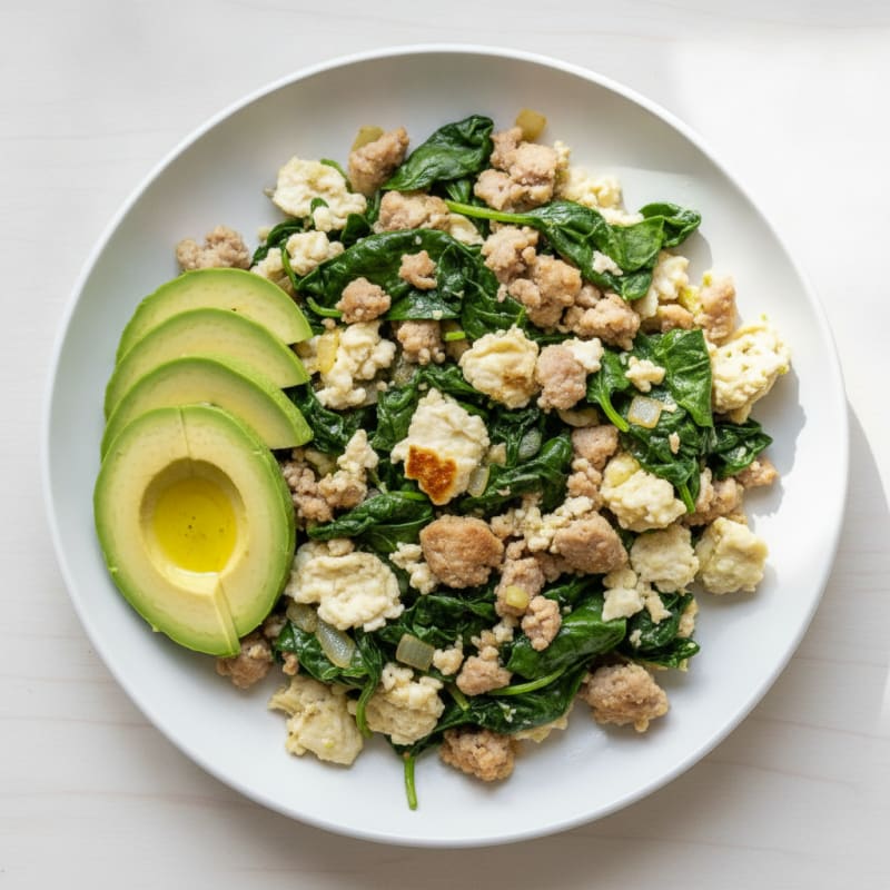 Egg White Scramble with Turkey Sausage and Sautéed Spinach
