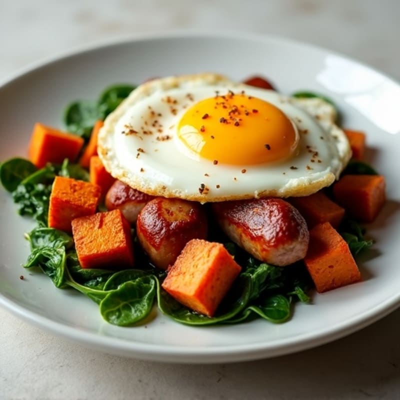 Crispy Sweet Potato and Egg Hash with Sautéed Greens